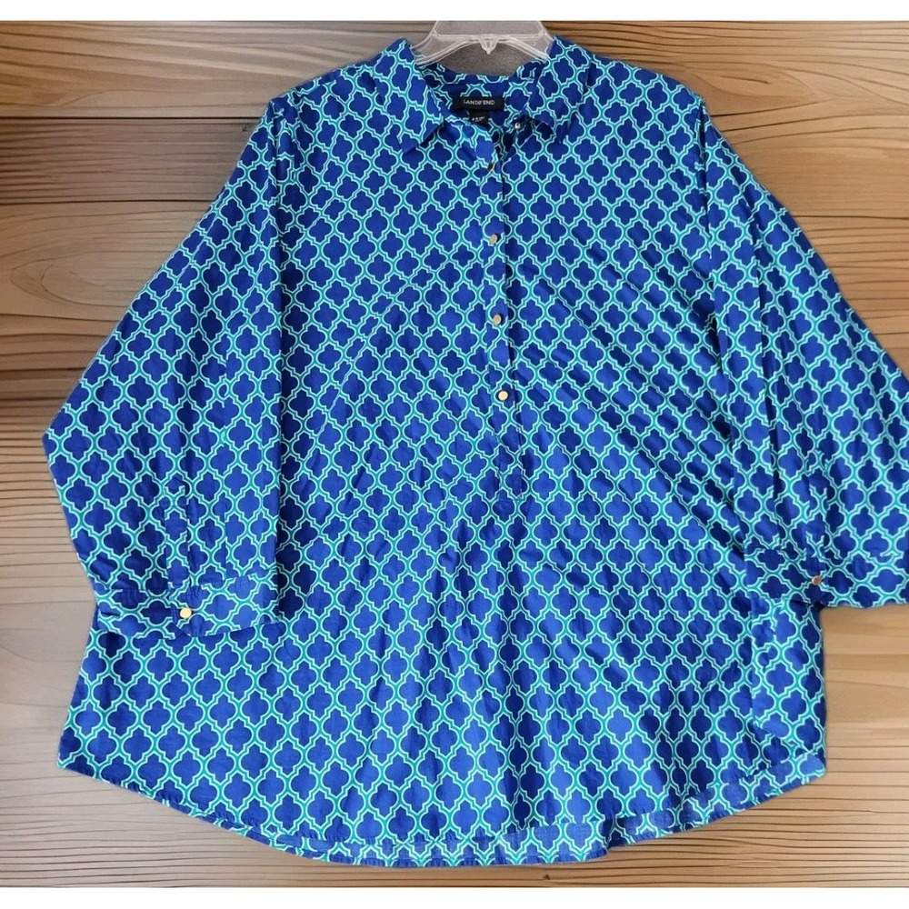 Lands' End 24W Blue Button Up Top Quatrefoil Geometric 3/4 Sleeve Tunic Career